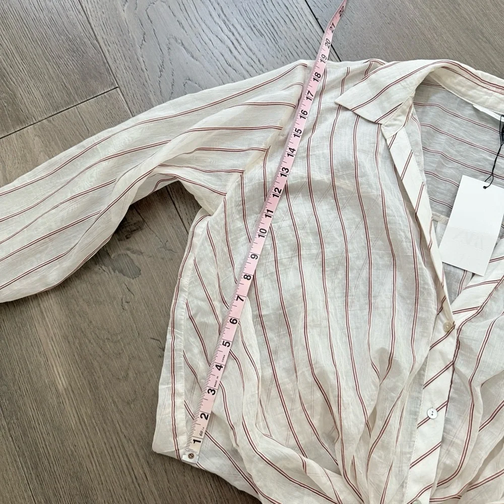NWT Zara Cream and Red Striped Sheer Top Knotted Hem Medium - Picture 12 of 12